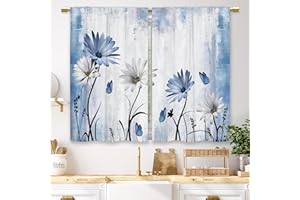 Laifzere Rustic Blue Daisy Floral Kitchen Curtains Farmhouse Flower Small Short Cafe Window Curtains Butterfly Country Rod Pocket Bathroom Window Drapes Treatment Tier Curtains 2 Panels (27.5x39 Inch)