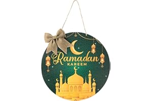 L1rabe Ramadan Kareem Hanging Ornament - Eid Mubarak Wreath Wooden Hanging Door Sign Decoration Green Gold Round Welcome Sign Islam Ramadan Mubarak Moon Home Wall Door Decor Eid Mubarak Party Supplies