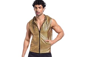 Landofgenie Men's Shiny Metallic Zip Up Sleeveless Hooded Vest T Shirt with Kangaroo Pocket - Street Style Fashion Top