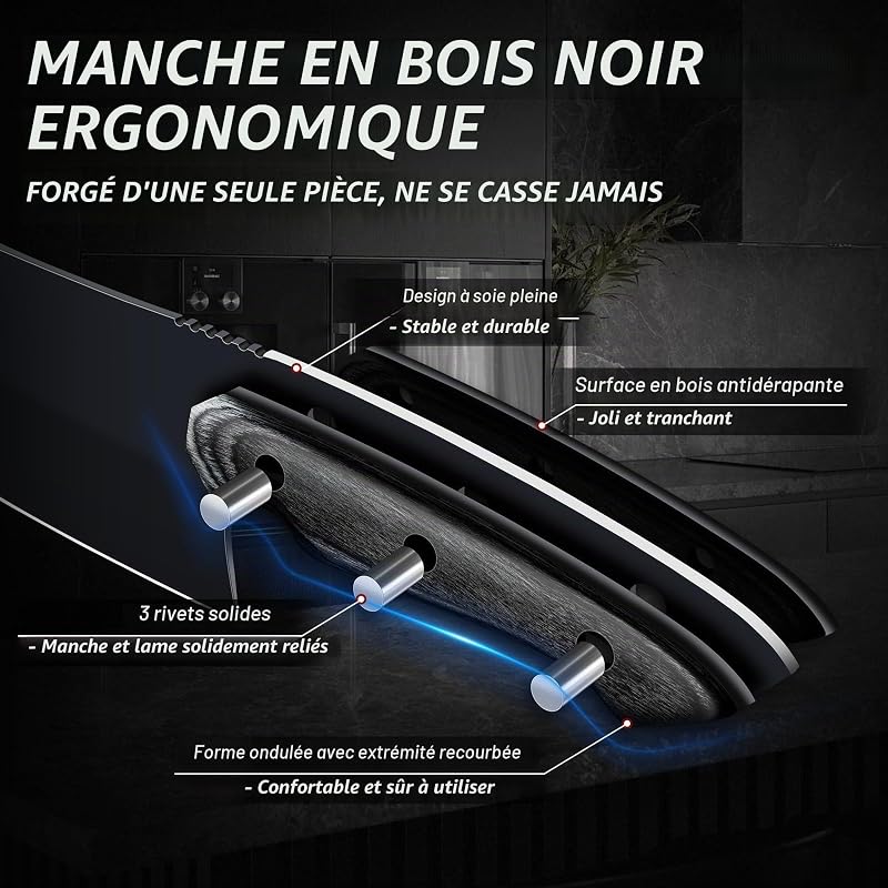 Couteau de Cuisine, Couteau de Chef Professionnel pour Couper Viande, Poisson, Légumes et Fruits, Manche en Bois Ergonomique