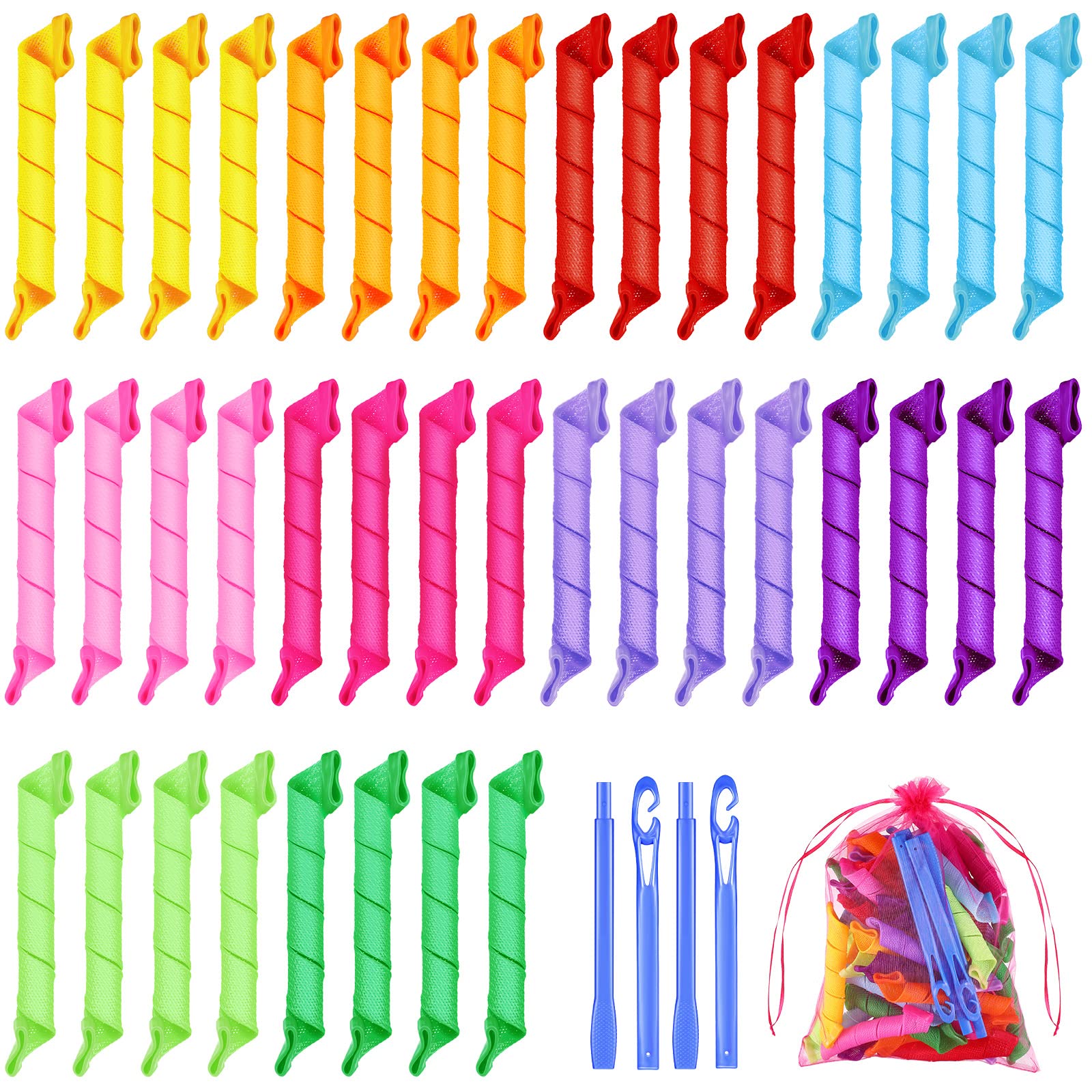Photo 1 of Yilloog 40 Pieces Hair Curlers Kit Heatless Spiral Curlers Tools with 2 Styling Hooks and 1 Storage Bag Multicolor Magic Curls Rollers for Women Long Medium Short Hair Classic Style