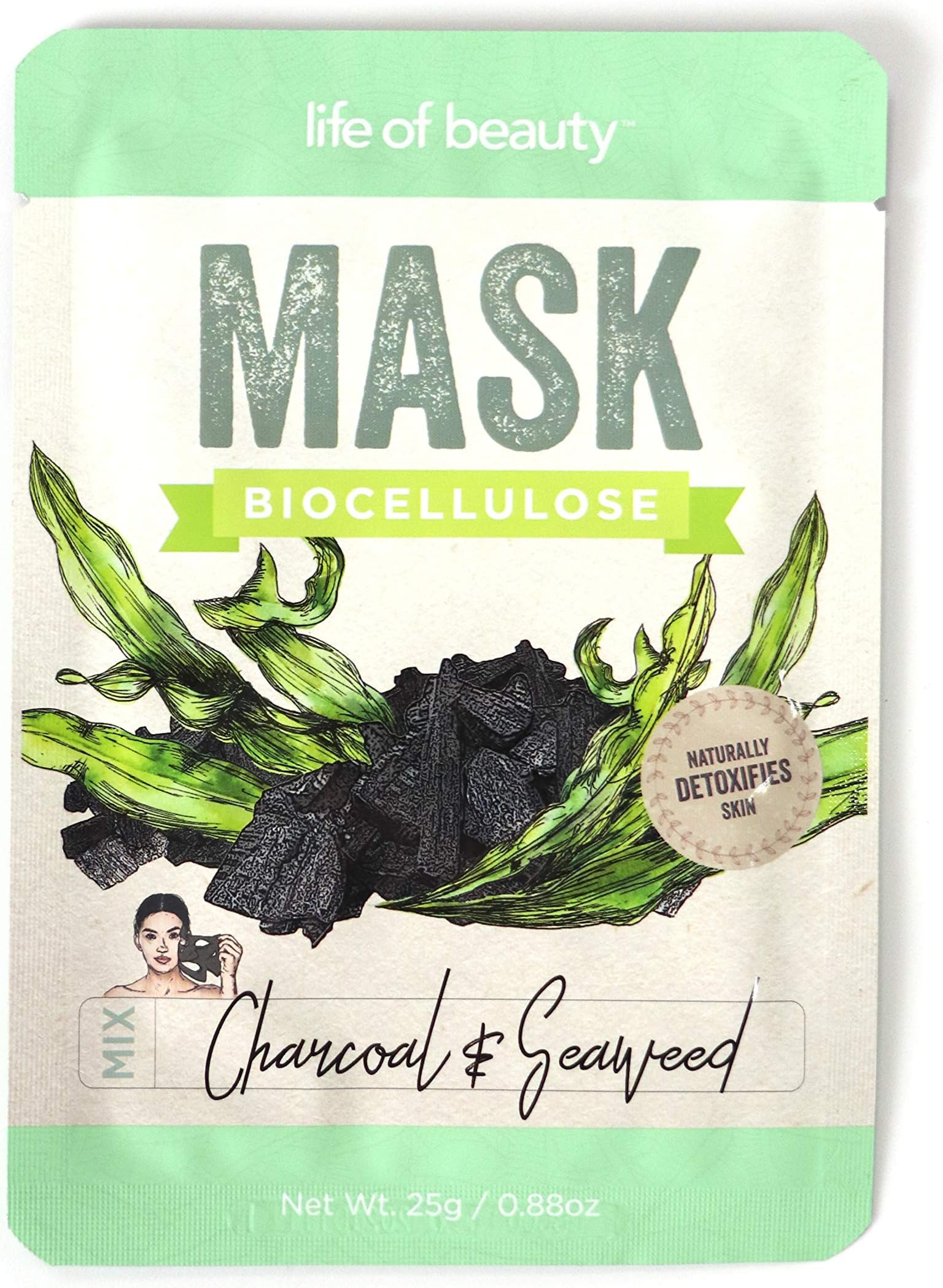 New Korean Face Masks, Biocellulose Korean Skin Care Facial Masks w/Collagen - Hydrating, Anti-Aging Sheet Masks (3 pack, Charcoal & Seaweed)