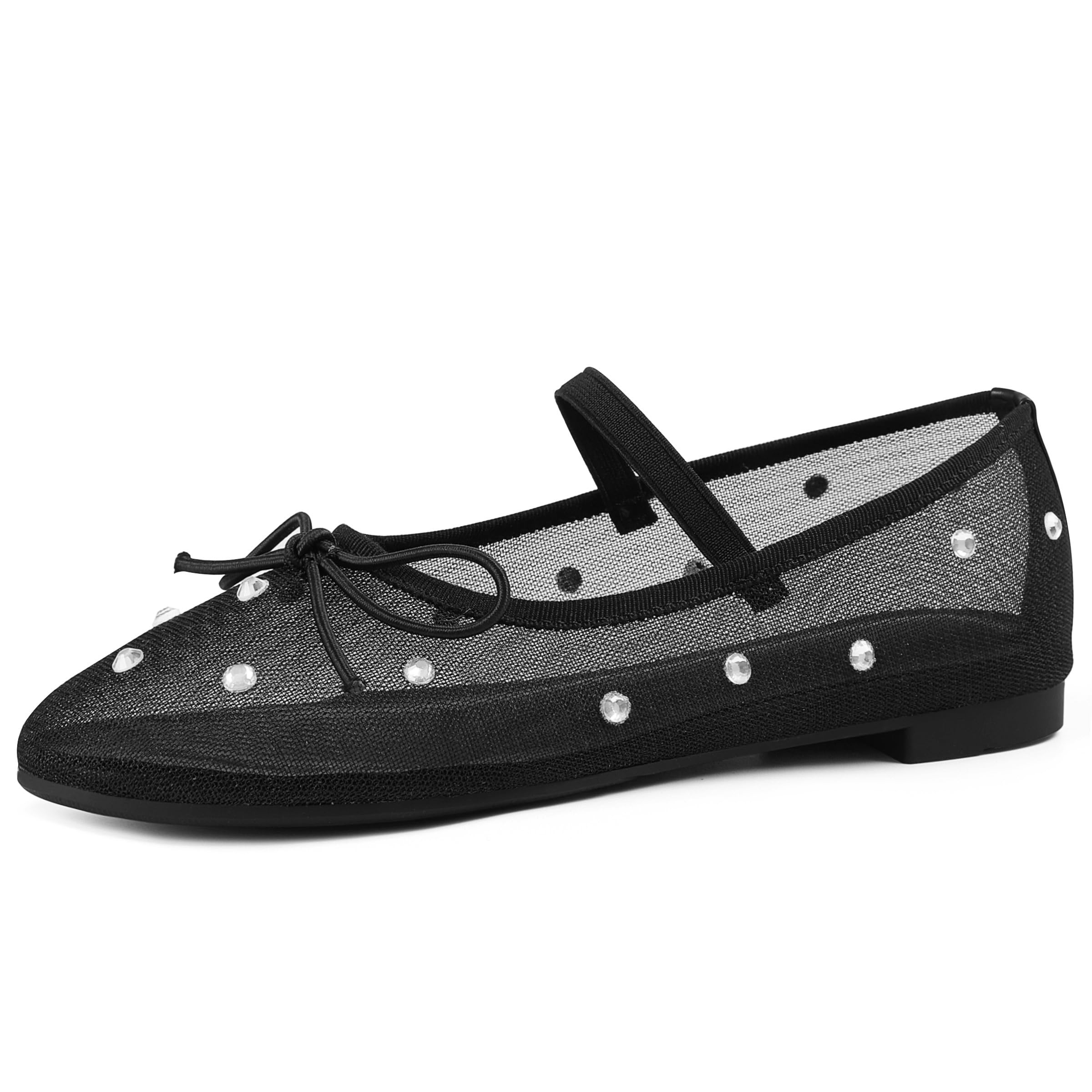 Photo 1 of Black Flats for Women Mesh Shoes Bow Style Ballet Flats Fashion Dressy Round Toe Rhinestone Womens Flats Summer Fall Ballerina Flats Stretch Strap Marry Jane Comfy Trendy Size 8