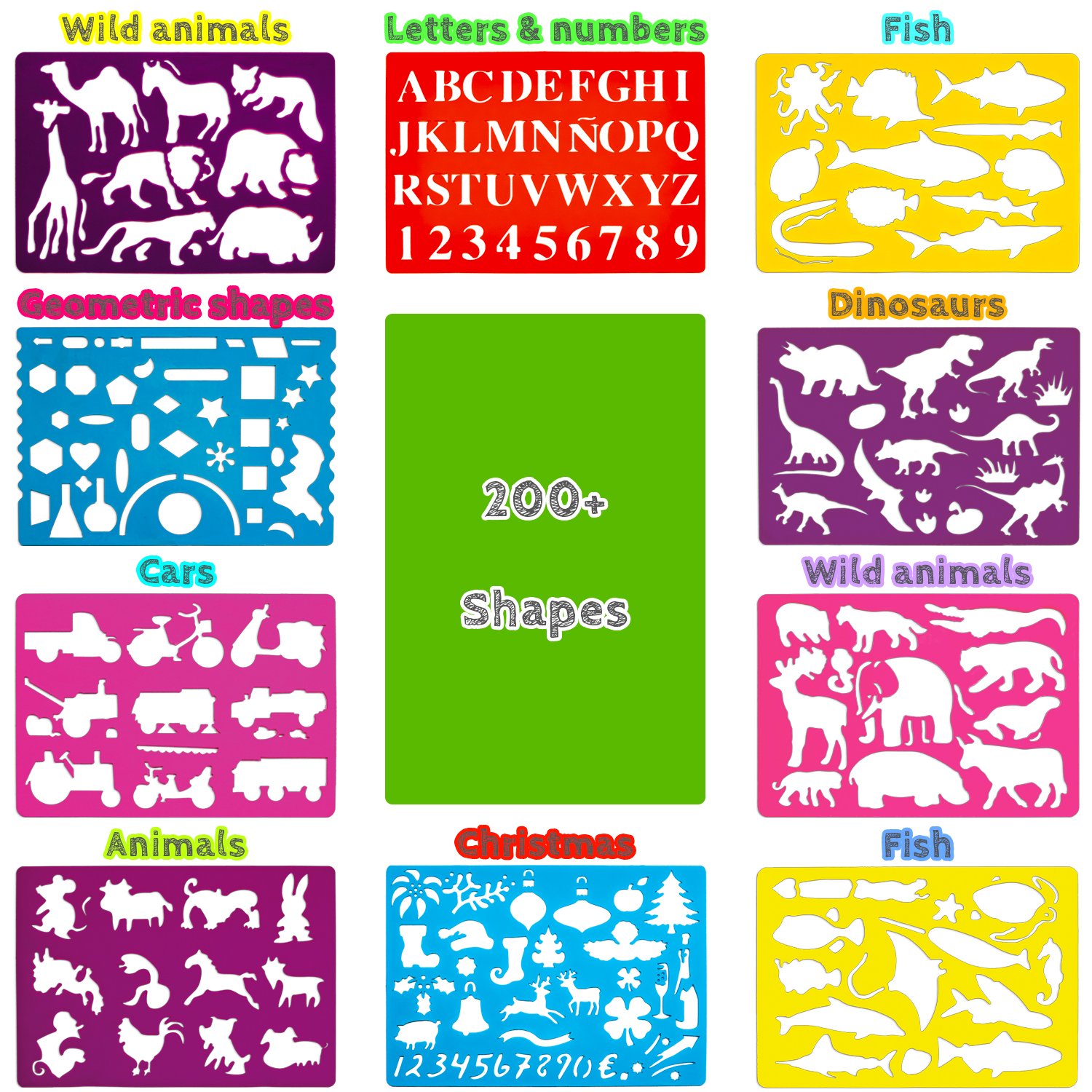 Drawing Stencils Art Set for Kids. 200 Templates, 50 Decorated Painting ...