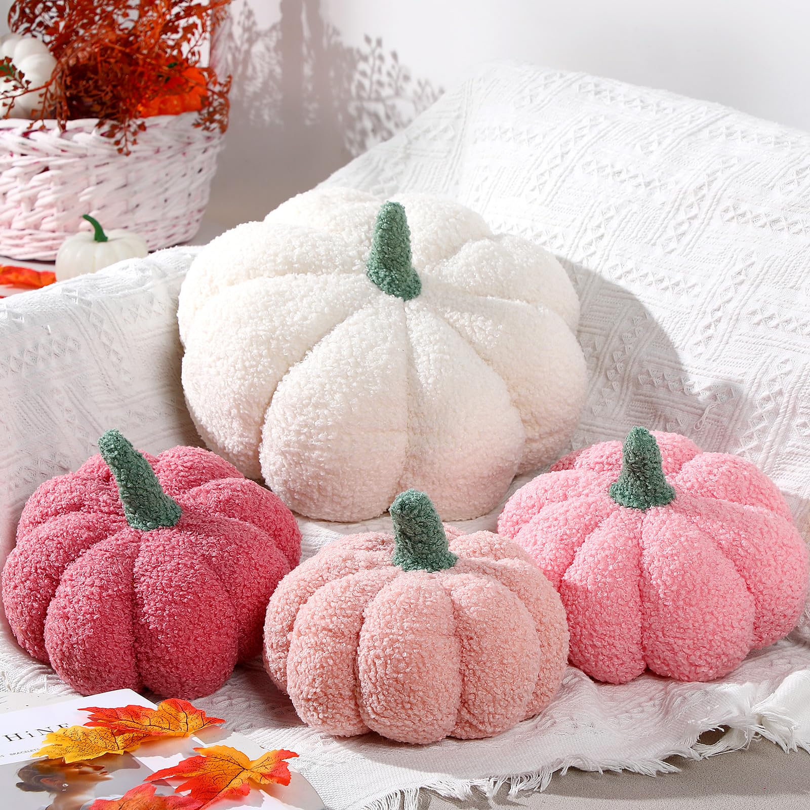 Photo 1 of Kajaia 4 Pcs Pumpkin Throw Pillow Cushion 3D Thanksgiving Pillow Fall Pumpkin Pillow Fluffy Stuffed Pillow Plush Pillow for Thanksgiving Bedroom Sofa Supplies 11 Inches, 7 Inches(White, Pink Series)
