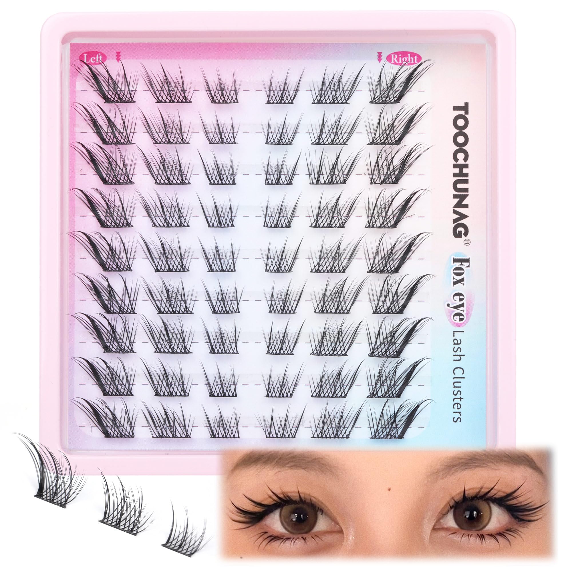 TOOCHUNAG Cat Eye Lashes Natural Individual Eyelashes 14mm Fox Eye Lash Clusters CC Curl Left Right Wispy Eyelash Clusters Russian False Lashes