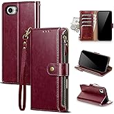 Scutumate Compatible with iPhone 16e Wallet Case with Card Holder RFID Blocking Zipper Poket PU Leather Flip Phone Case with Wrist Strap Credit Card Slots Men Women,for Apple 16e 6.1",Wine Red