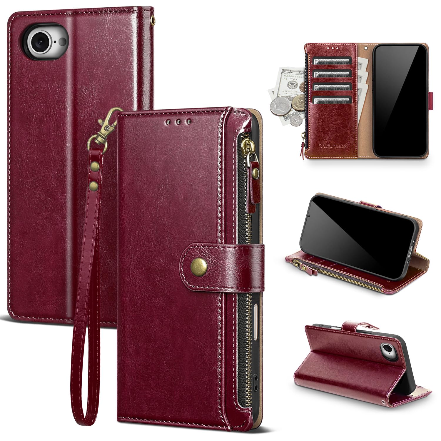 Scutumate Compatible with iPhone 17e / 16e Wallet Case with Card Holder RFID Blocking Zipper Poket PU Leather Flip Phone Case with Wrist Strap Credit Card Slots Men Women,Wine Red
