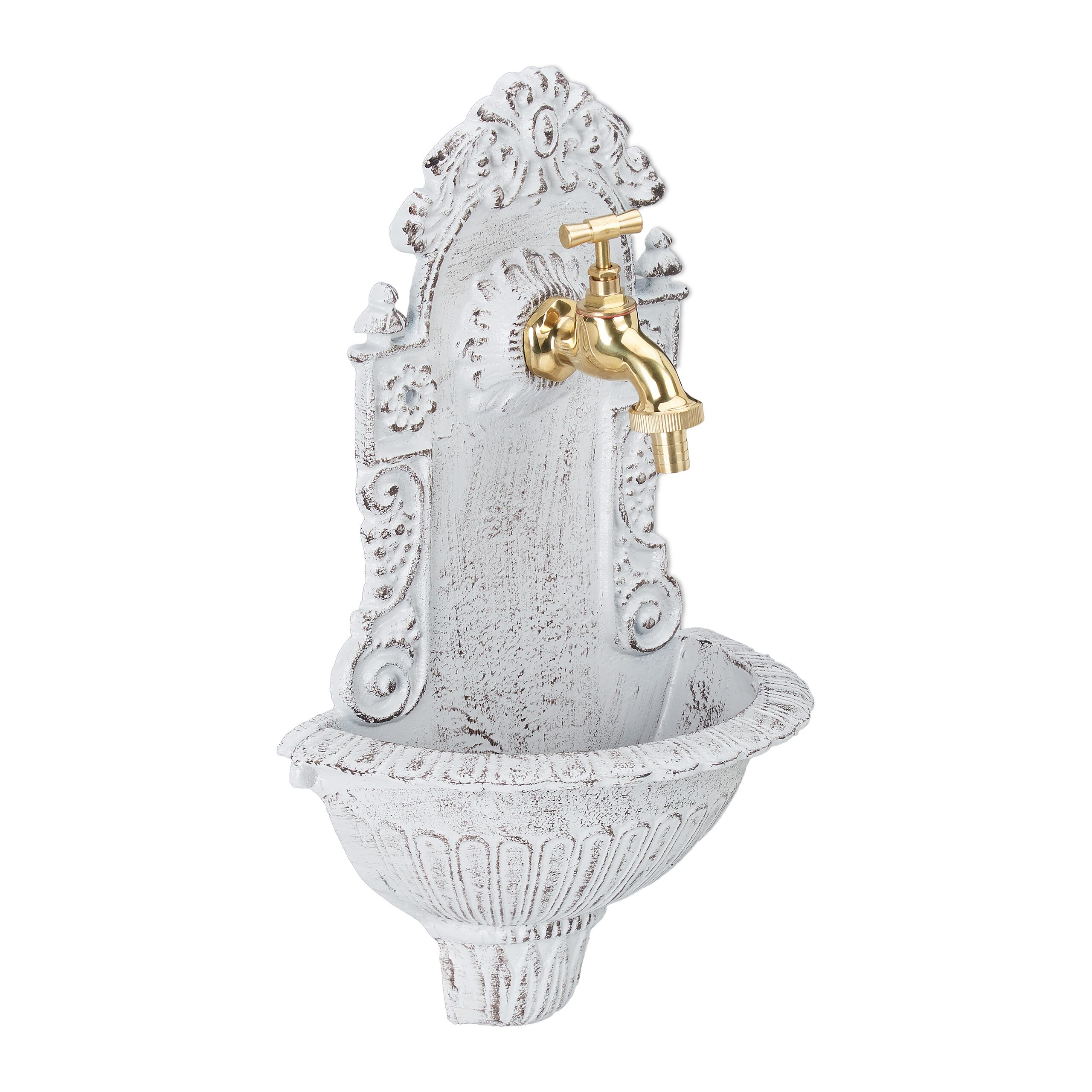 Relaxdays Antique Wall Water Fountain, Faucet, Nostalgic, Garden Basin, Cast Aluminium, HWD 40 x 24.5 x 13 cm, White