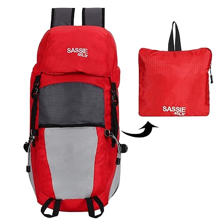 Sassie 45 LTR Red Grey Foldable Rucksack, Travel Backpack & Trekking Bag (SSN-7003)