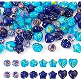 Craftdady 80pcs Heart Rose Star Round Glass Handmade Millefiori Glass Beads Colorful Loose Spacer Beads Blue Theme Lampwork Bead for DIY Bracelets Necklaces Earrings Jewelry Crafts
