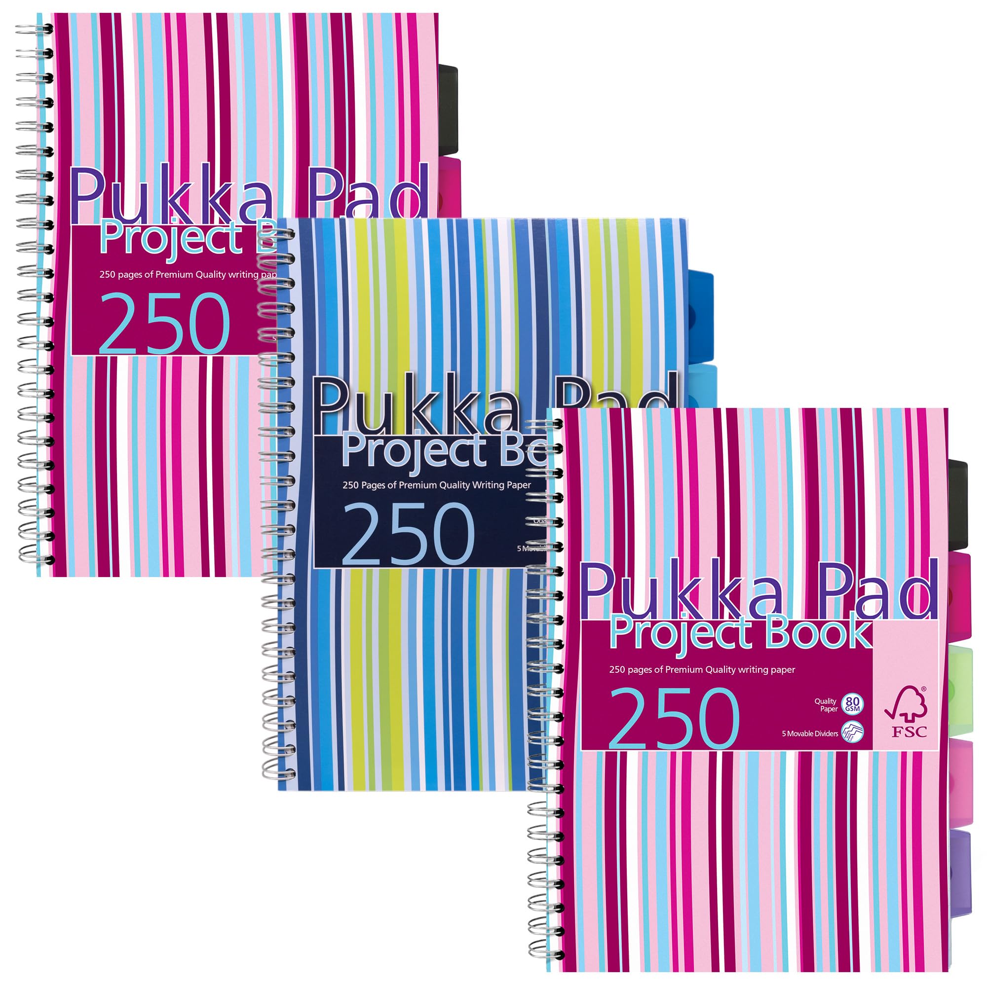 Pukka Pad, A4 Stripes Project Book 3 Pack – 21 x 30cm – Wirebound Notebook 80GSM Paper – Includes Repositionable Dividers with Storage Pocket - 250 Pages