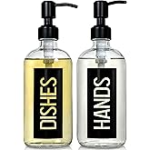 JASAI 2Pack 18OZ Glass Soap Dispenser, Black Stainless Steel Pump, Kitchen Dispenser with Classy Label, Refillable for Dishes