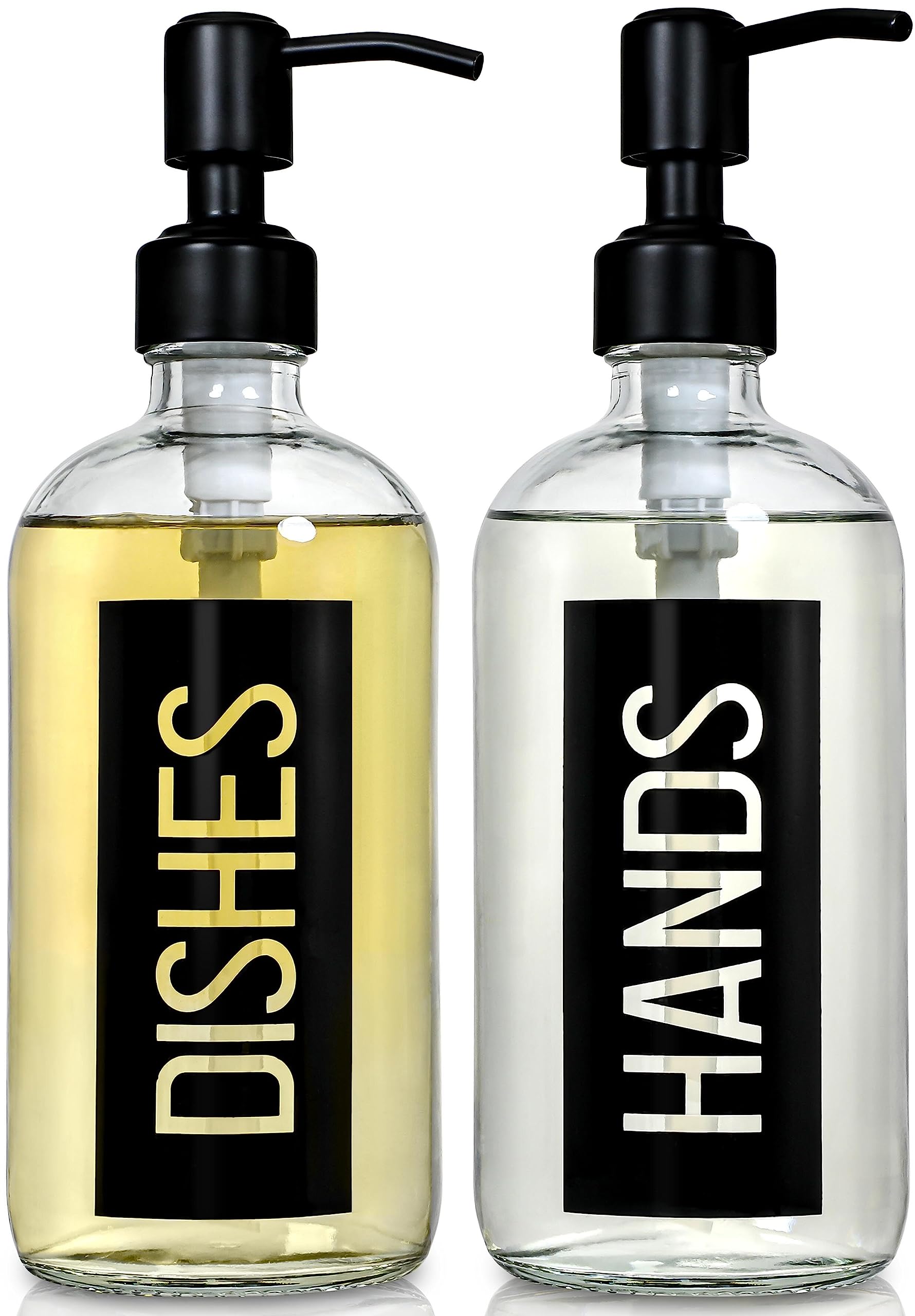 JASAI Classy Black Dish and Hand Soap Dispenser Set of 2 18OZ Glass Dish and Hand Soap Dispenser for Kitchen and Bathroom