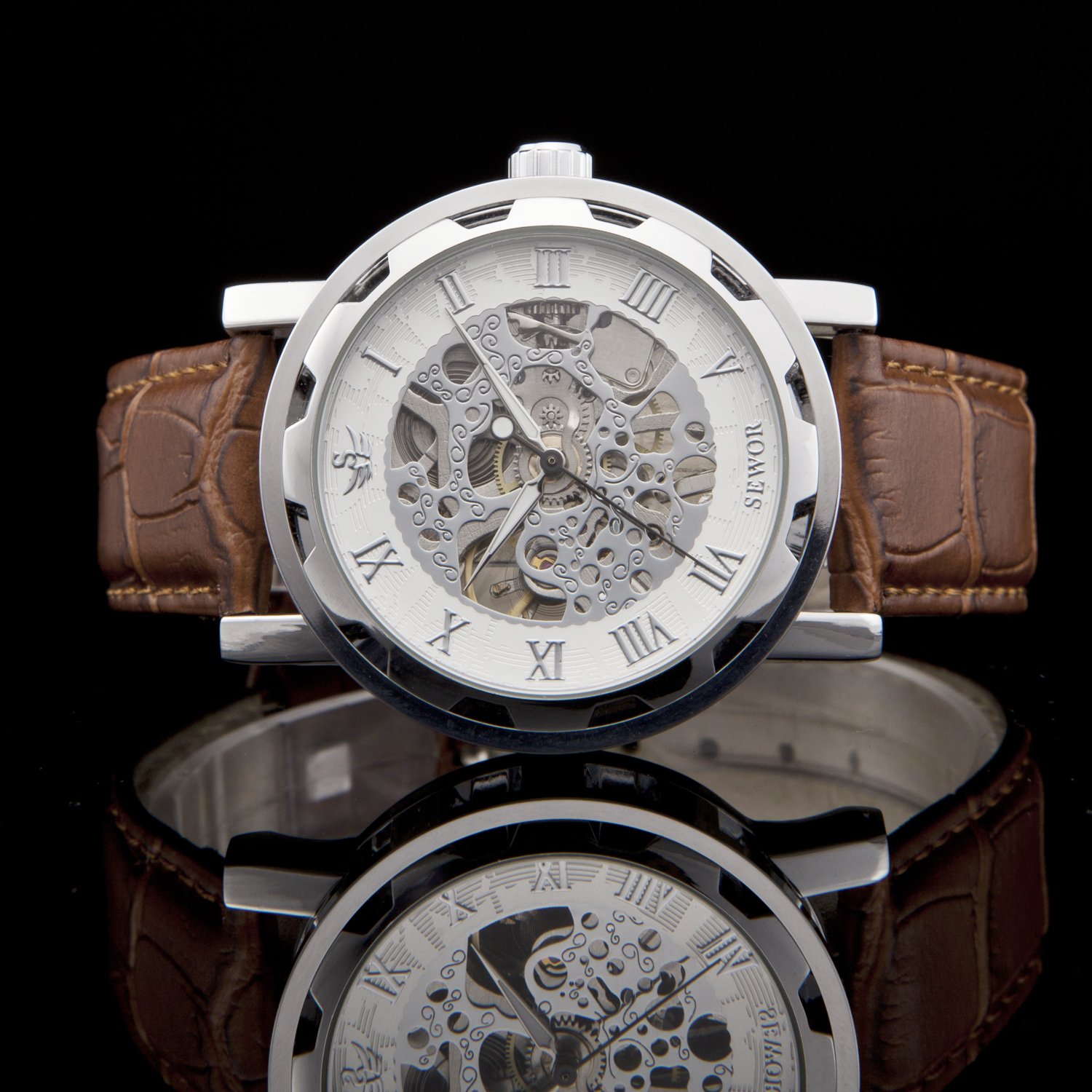 Sewor Men\'s Teampunk Trasparent Skeleton Analog Leather Mechanical Wrist Watch (White)