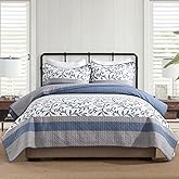 KALOOLA Farmhouse Botanical Quilt King Size - 100% Cotton Quilted Bedding Set 3 Pieces, Vine Striped Pattern Bedspread Coverlet with 2 Pillow Shams, Lightweight Comforter for All Season, Blue/Grey