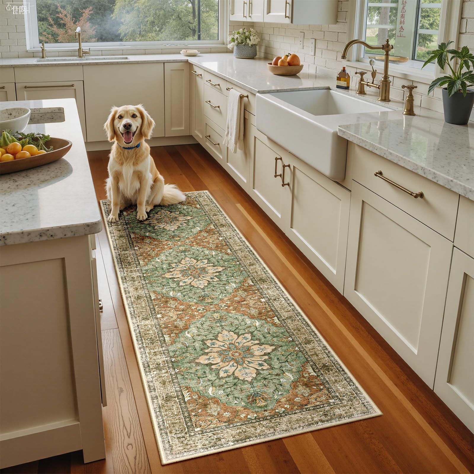 Photo 1 of RELEANY Area Rugs 2'x8' Washable Non-Slip, Floral Vintage Distress Print Pattern Medallion Carpet for Living Room Bedroom Dining Room, Brick Red Rust Neutral Brown Burnt Orange Green