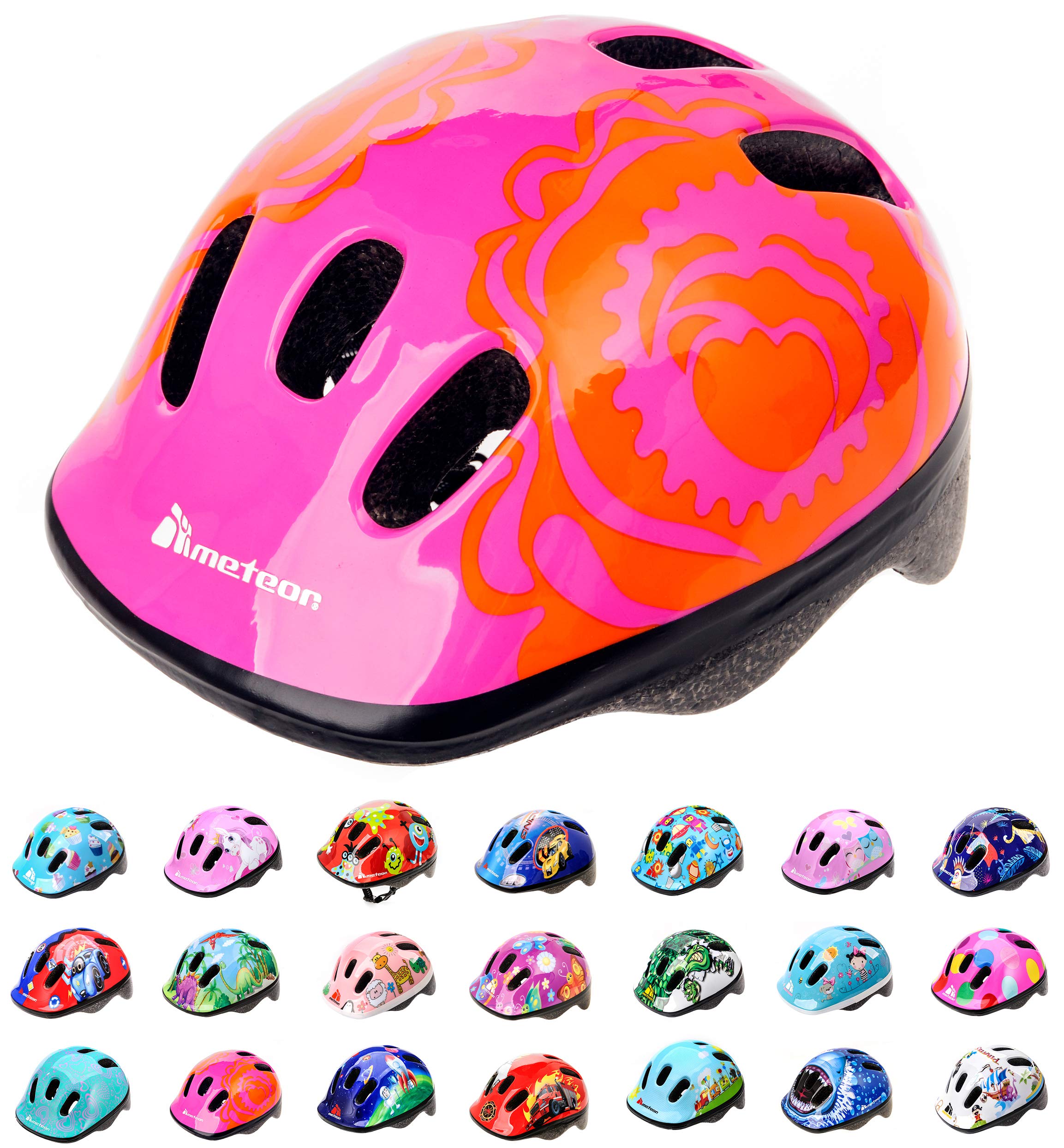 Meteor Kids Bike Helmet Big Flower S 48-52 cm, Toddler & Child Cycling Helmet, Lightweight Adjustable Scooter & Skate Helmet with Airflow Vents, Washable Padding, Safety Head Protection