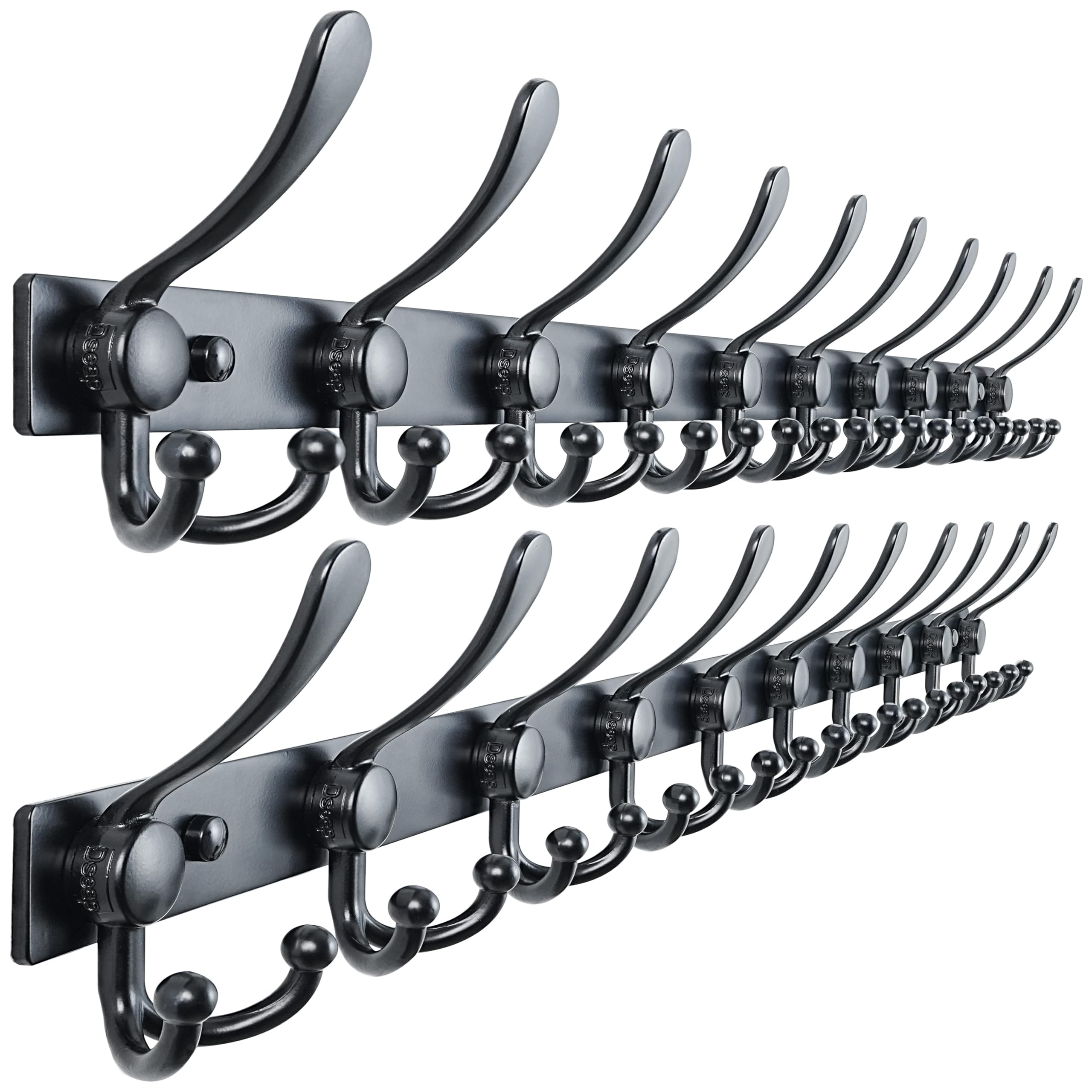Dseap Wall Coat Rack 94cm - Heavy Duty 300% Thicker, Modern Stainless Steel, 10-Triple-Hooks Coat Hanger for Entryway Closet, Black, Pack of 2