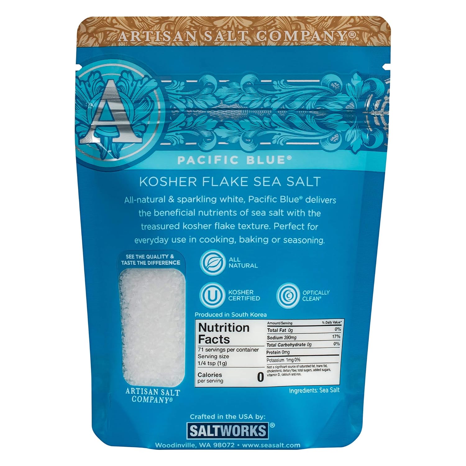 SaltWorks Pacific Blue Kosher Flake Sea Salt, Artisan Zip-Top Pouch, 2.5 Ounce : Grocery & Gourmet Food