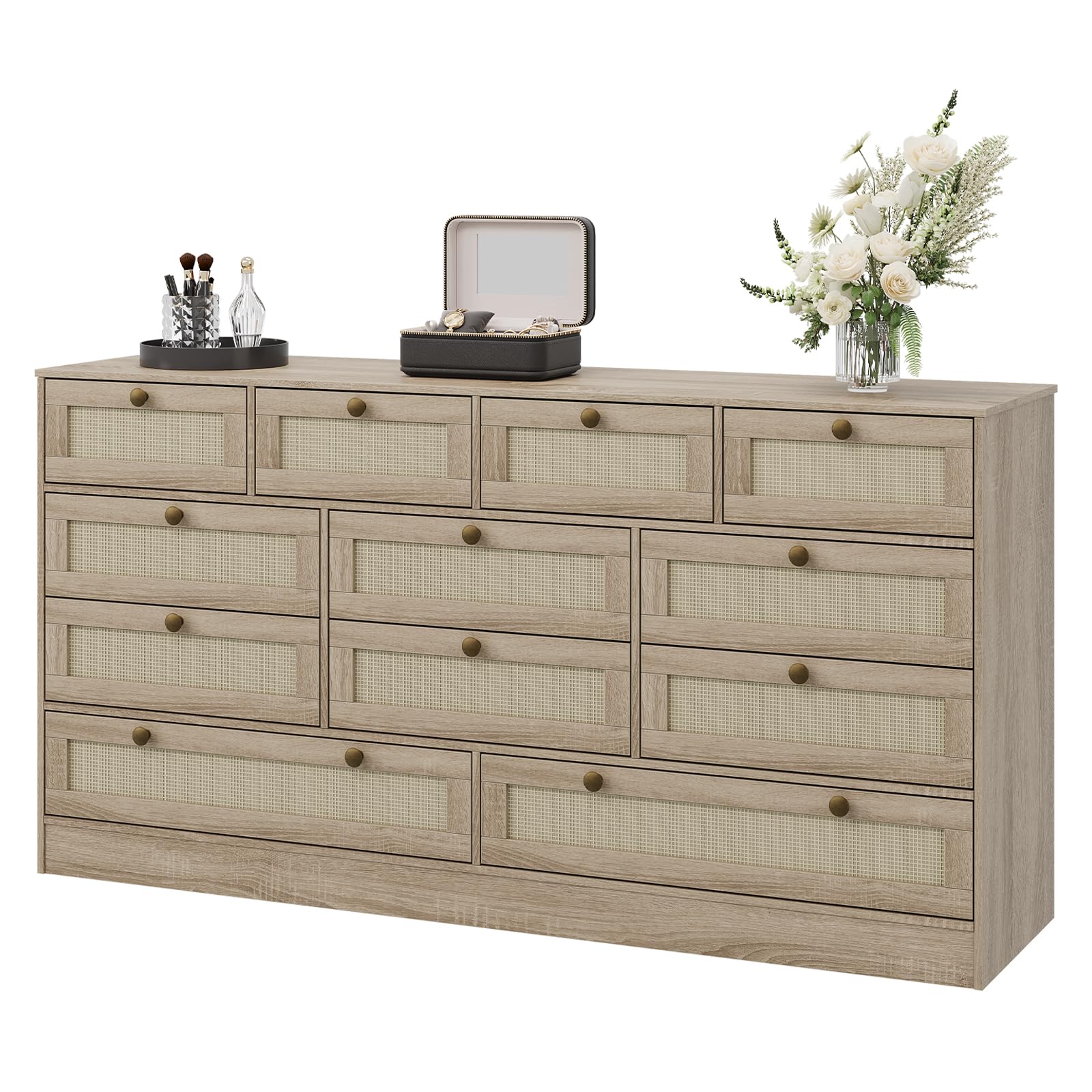 Photo 1 of ***FOR PARTS ONLY HAS DAMAGED PIECES*** GAOMON Wooden Dressers for Bedroom with 12 Drawers, 61" Wide TV Stand Dresser for 65 inch TV, Rattan Chest of Drawers for Living Room, Hallway, Modern Wood Closet Dressers for Adult Room