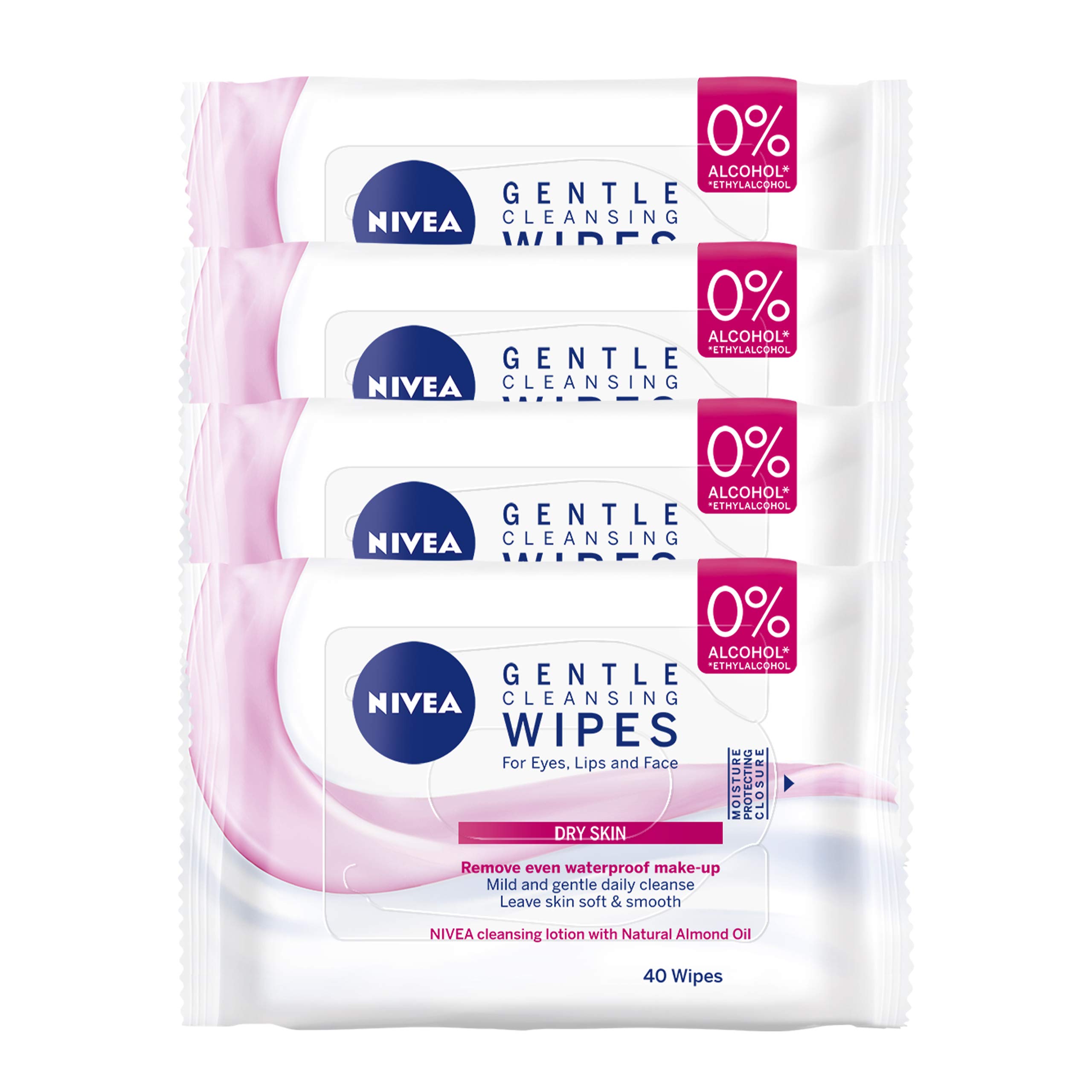 NIVEA 3 in 1 Caring Cleansing Wipes, Pack of 4 (4 x 40 wipes), Make-Up Wipes Enriched with Almond Oil, Cleansing Face Wipes