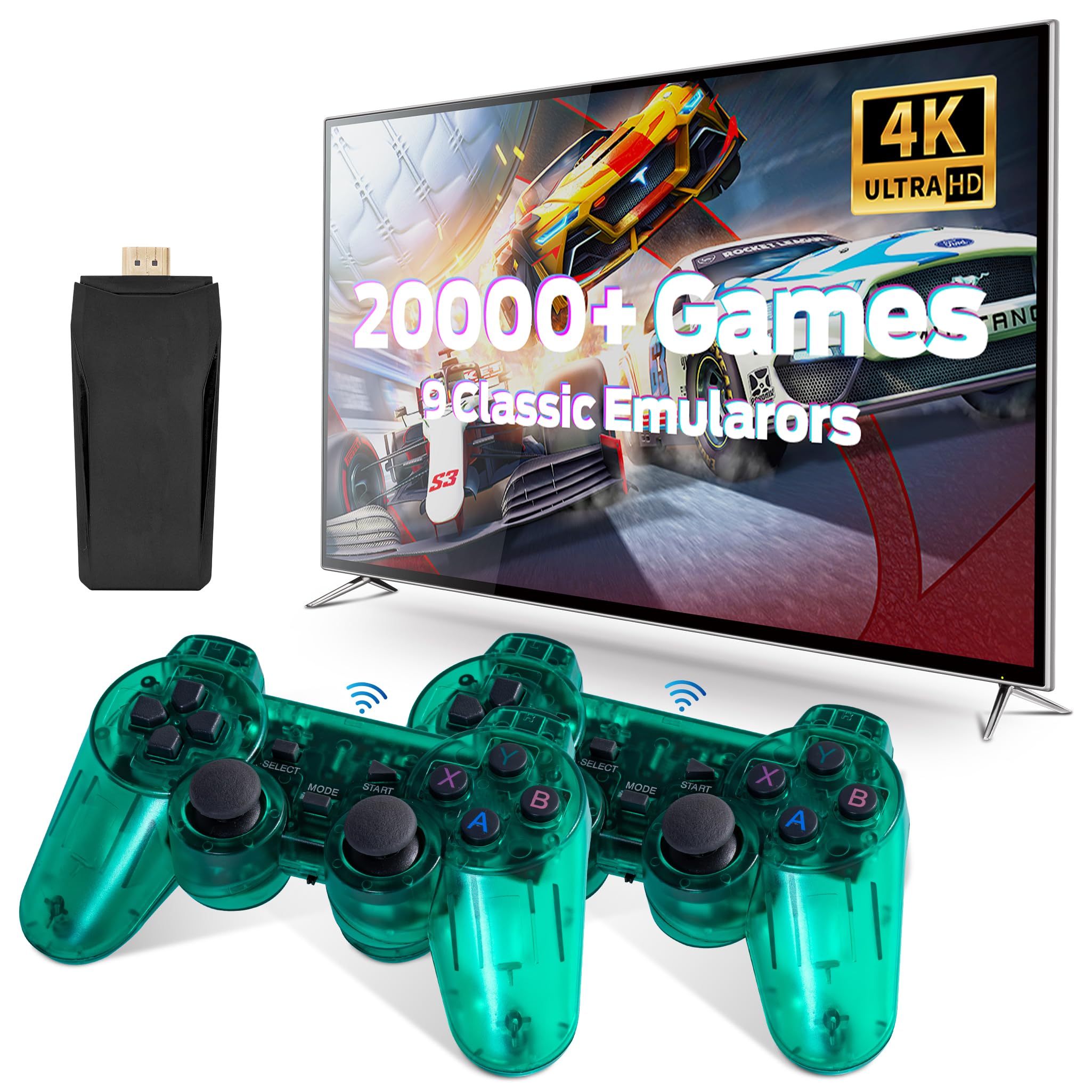 Photo 1 of Retro Console, Wireless Retro Game Console, Plug & Play Video TV Game with 20000+ Built-in Games, 4K HD Output, and 2.4GHz Wireless Controller, 9 Classic Emulators Green