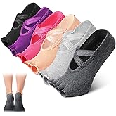 SATINIOR 6 Pairs Pilates Socks with Grip for Women Non Slip Yoga Socks Toeless Barre Sticky with Straps Multicolor for Ballet Dance Barefoot Workout