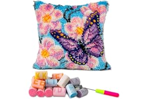 LAPATAIN Latch Hook Kits for DIY Throw Pillow Cover,Purple Butterfly Needlework Cushion Cover Hand Craft Crochet for Great Family 17x17inch