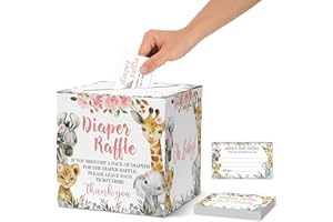 YUANSAIL Diaper Raffle Tickets For Baby Shower, Jungle Animal Themed Baby Shower Card Box and Advice Cards, Party Favors Decorations Supplies Game Cards, 1 Card Collection Box & 50 Cards Per Pack（bb002 hezi）