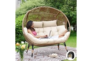 NICESOUL® Double Egg Chair Indoor Outdoor Stationary Oversized Thicken Padded Cushions,2 Person Egg Loveseat Chair,680 lbs Extra Large Lounge Chair for Patio Balcony Porch Backyard Beige with Cover