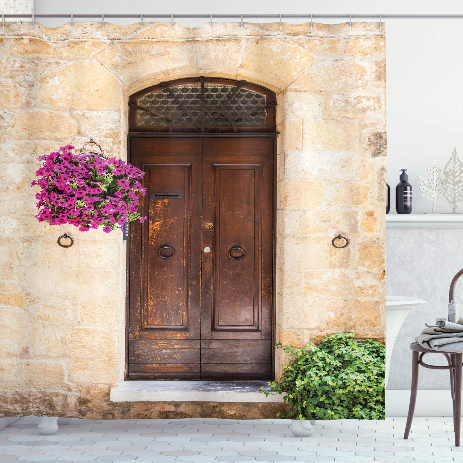 ABAKUHAUS Italian Shower Curtain, Rusty Wood Door Flowers in Italy Town Nostalgic Building, Cloth Fabric Bathroom Decor Set with Hooks, 175 x 200 cm, Cream Purple Brown — image 1