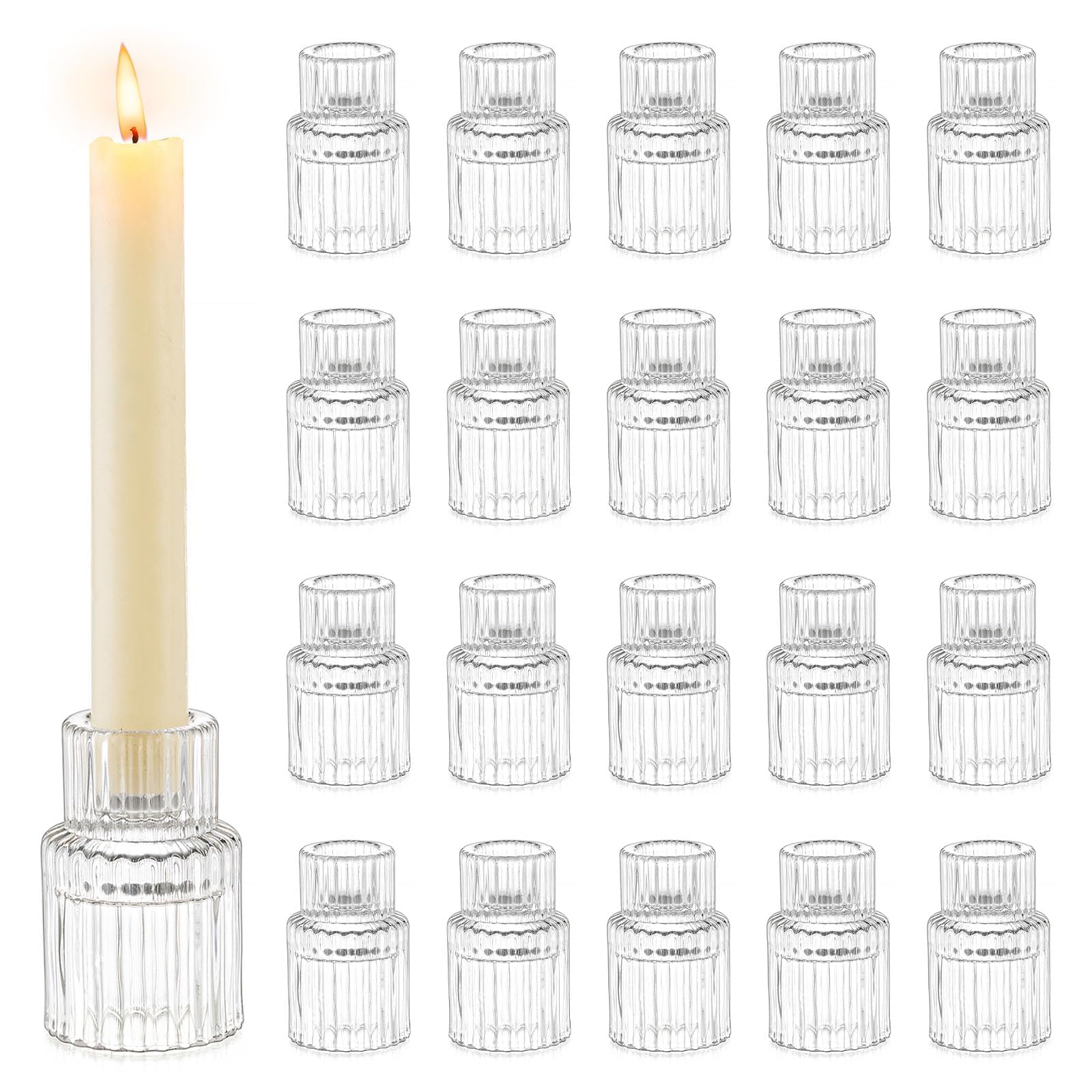 Romadedi Glass Candle Holder for Candlestick - 20Pcs Clear Small Tapered Wedding Christmas Decor Bulk for Candle Sticks Party Table Living Room Dinner Advent Gift Centrepiece Decoration