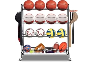 EXTCCT Basketball Rack, Rolling Basketball Shooting Training Stand,Sports Equipment Storage with Wheels, Four-Layer Organizer Holder with Two Basket for Basketballs Footballs Volleyball