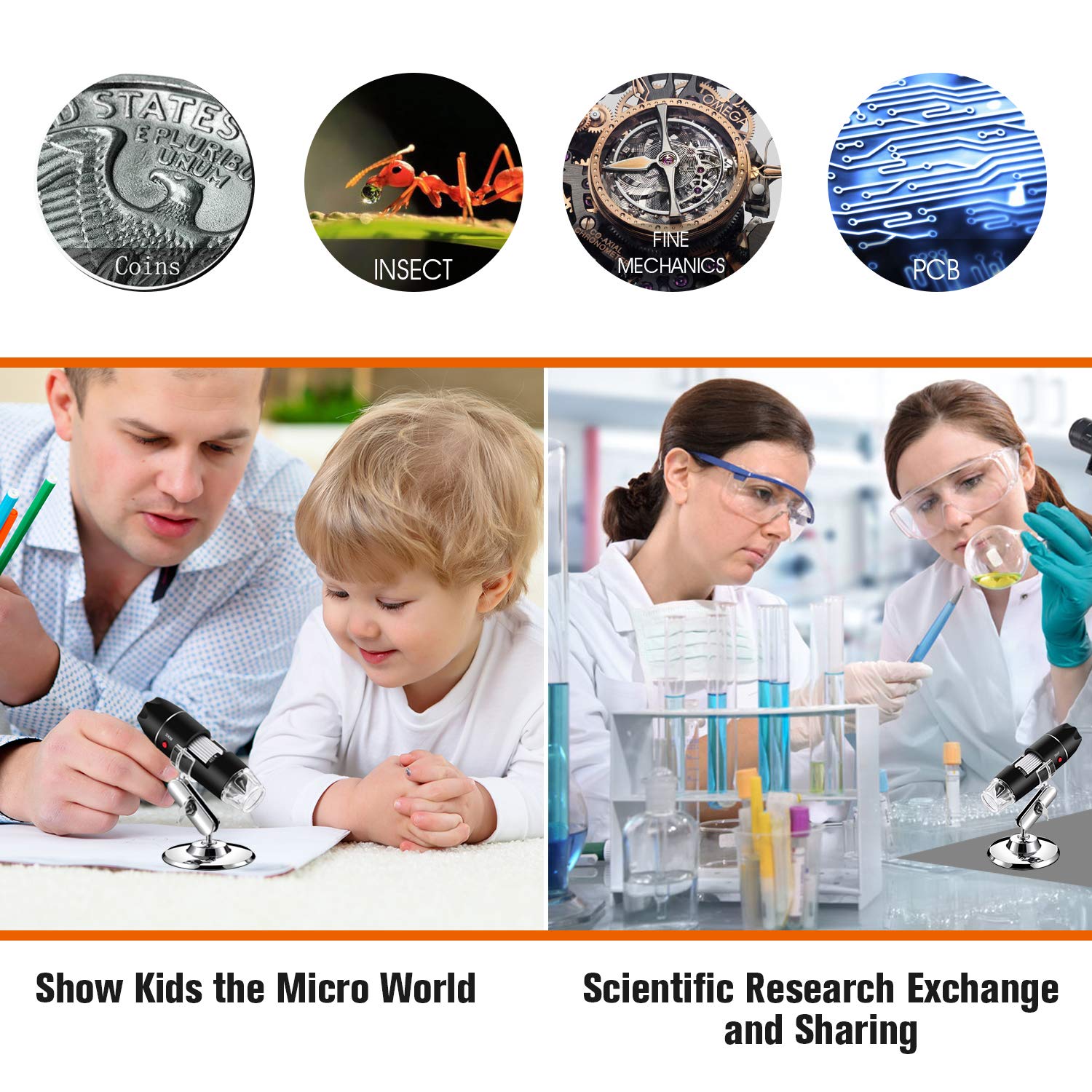 USB Digital Microscope 40X to 1000X, Bysameyee 8 LED Magnification Endoscope Camera with Carrying Case & Metal Stand, Compatible for Android Windows 7 8 10 Linux Mac