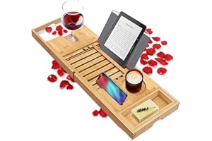 Serene Life Luxury Bamboo Bathtub Caddy Tray - Adjustable Natural Wood Bath Tub Organizer with Wine Holder,soap dish-Wood bro
