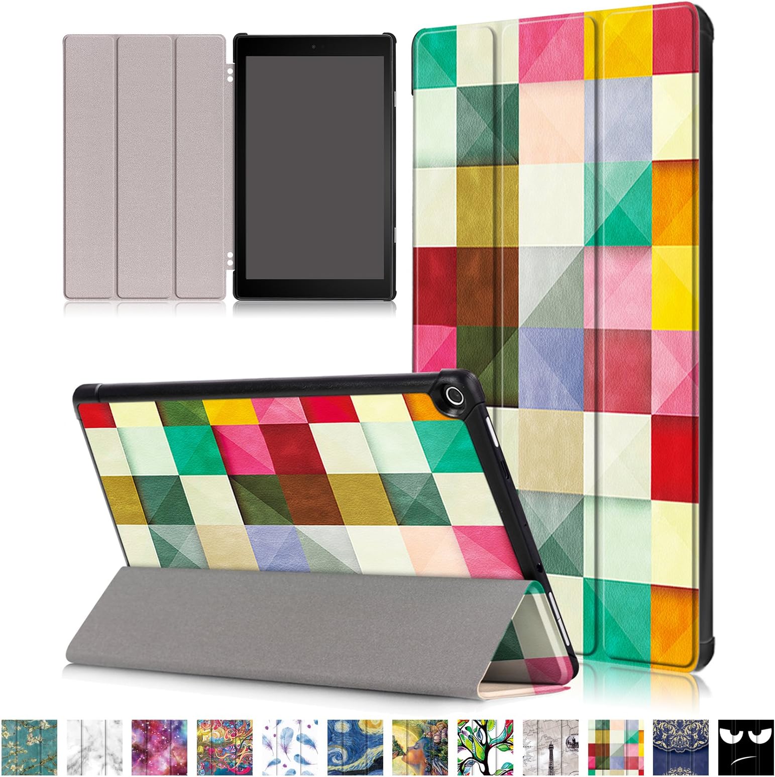 UUcovers Case for Amazon Kindle Fire HD 10 Tablet 10.1 inch 9th/7th Generation (2019 2017), Trifold Slim Smart Folio Stand PU Leather Magnetic Shell with Pencil [Auto Wake/Sleep], Colored Grid