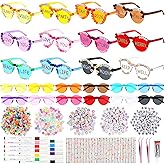 Suncalla 24 Pcs Sunglasses DIY Kit Party Sunglasses Bulk with 1880 Pcs Alphabet Number Pony Beads Multi Shapes Charms Gem Stickers and 12 Acrylic Pen for Birthday Wedding Party Supplies