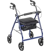 Drive Medical R728BL Foldable Rollator Walker with Seat, Blue | R728BL Foldable Rollator Walker Includes Padded Seat for Comfortable Rest Breaks During Everyday Mobility