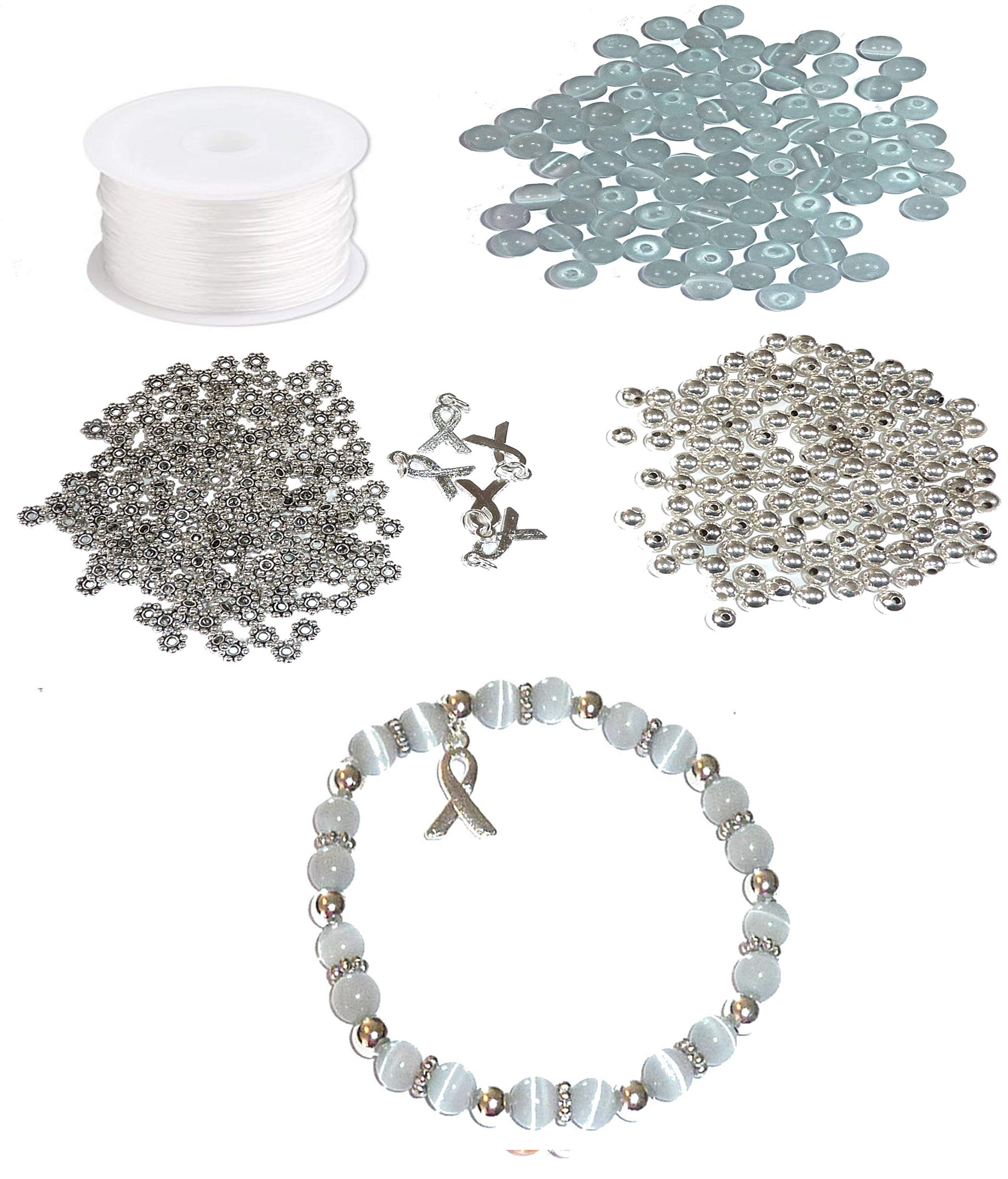 Hidden Hollow Beads DIY Craft Kit, Everything To Make Cancer Awareness Bracelets, Uses Stretch Cord, For Fundraising and Gifts (Brain Cancer,Grey,Makes 5),Makes 5, Stretch cord and beads