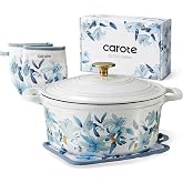 CAROTE 5QT Enameled Floral Cast Iron Dutch Oven Pot with Lid | Sourdough Bread Baking with Cotton Potholders &amp; Oven Gloves, Gift Box, Cookware for Braising, Oven Safe up to 500&deg; F