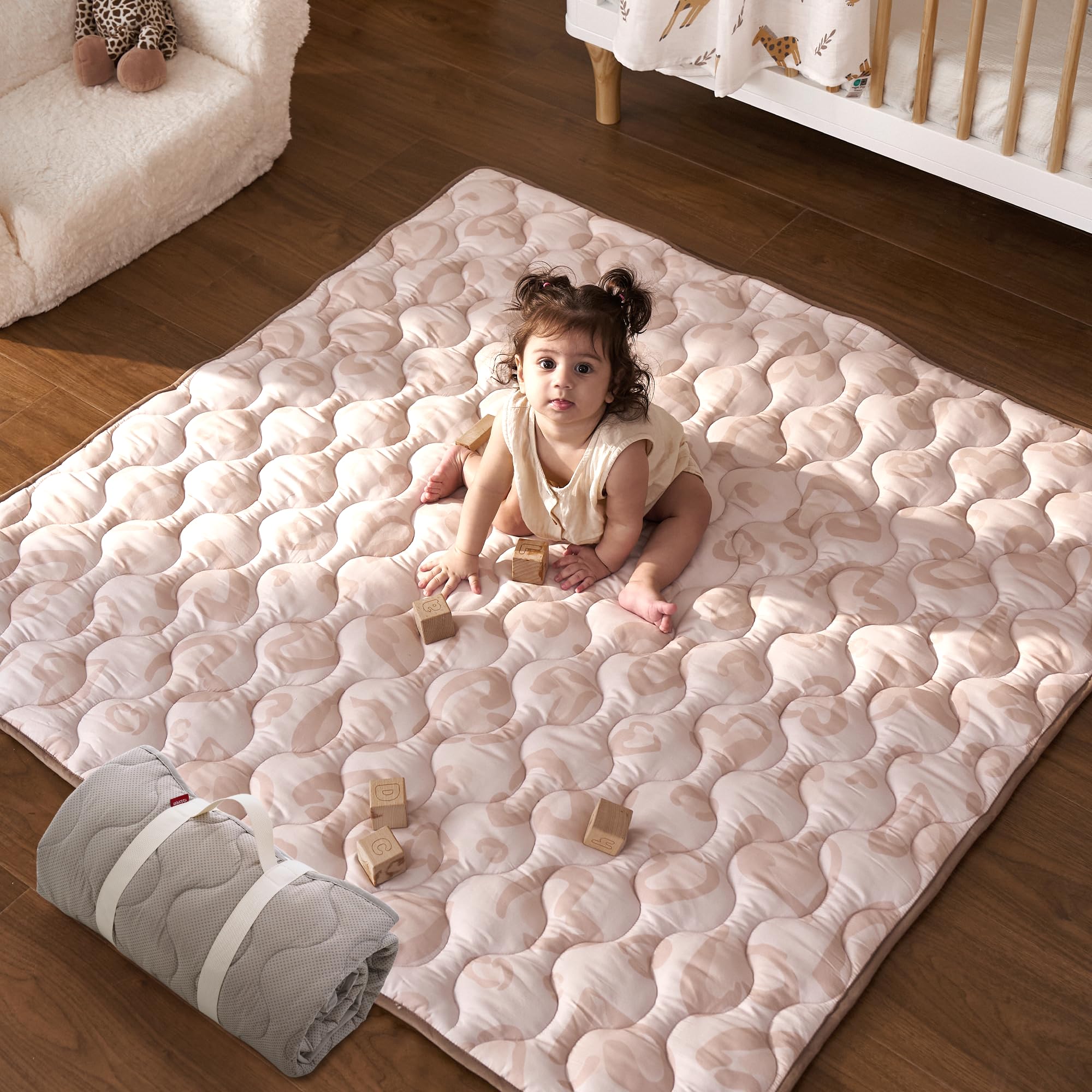 Photo 1 of Momcozy Baby Play Mat for Floor, 50x50 Thickened Playpen Mat, Playmate for Baby Tummy Time, Waterproof & Non-Slip, Foldable Outdoor Mats with Carrying Handle, Leopard Heart