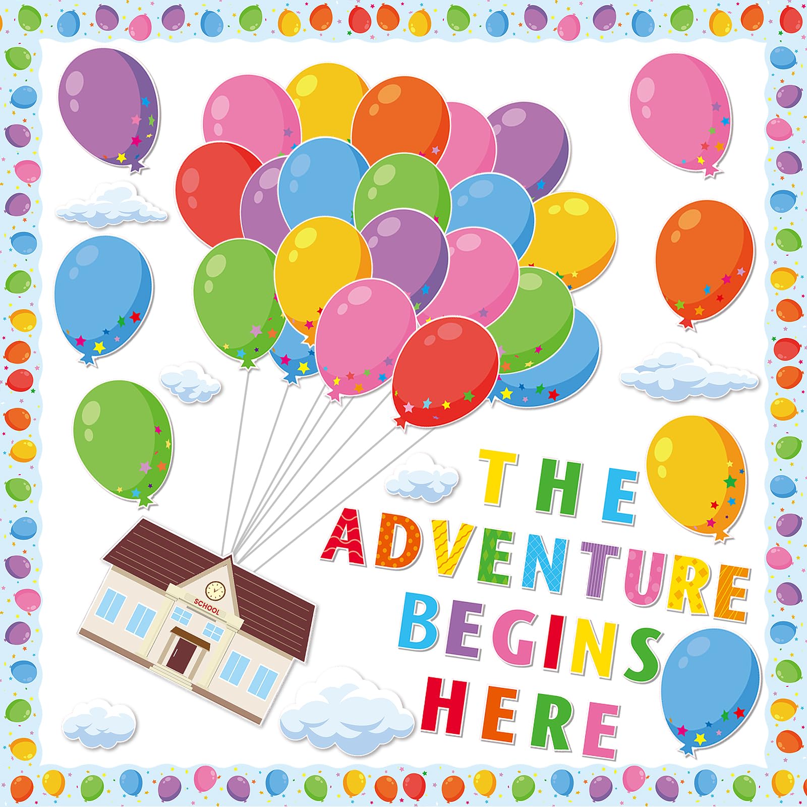 Photo 1 of Colorful Balloon Bulletin Board Set for Classroom Mix Adventure Cloud Balloon Themed Cutouts for Back to School Supplies Name Tags Decorations for Wall Decors