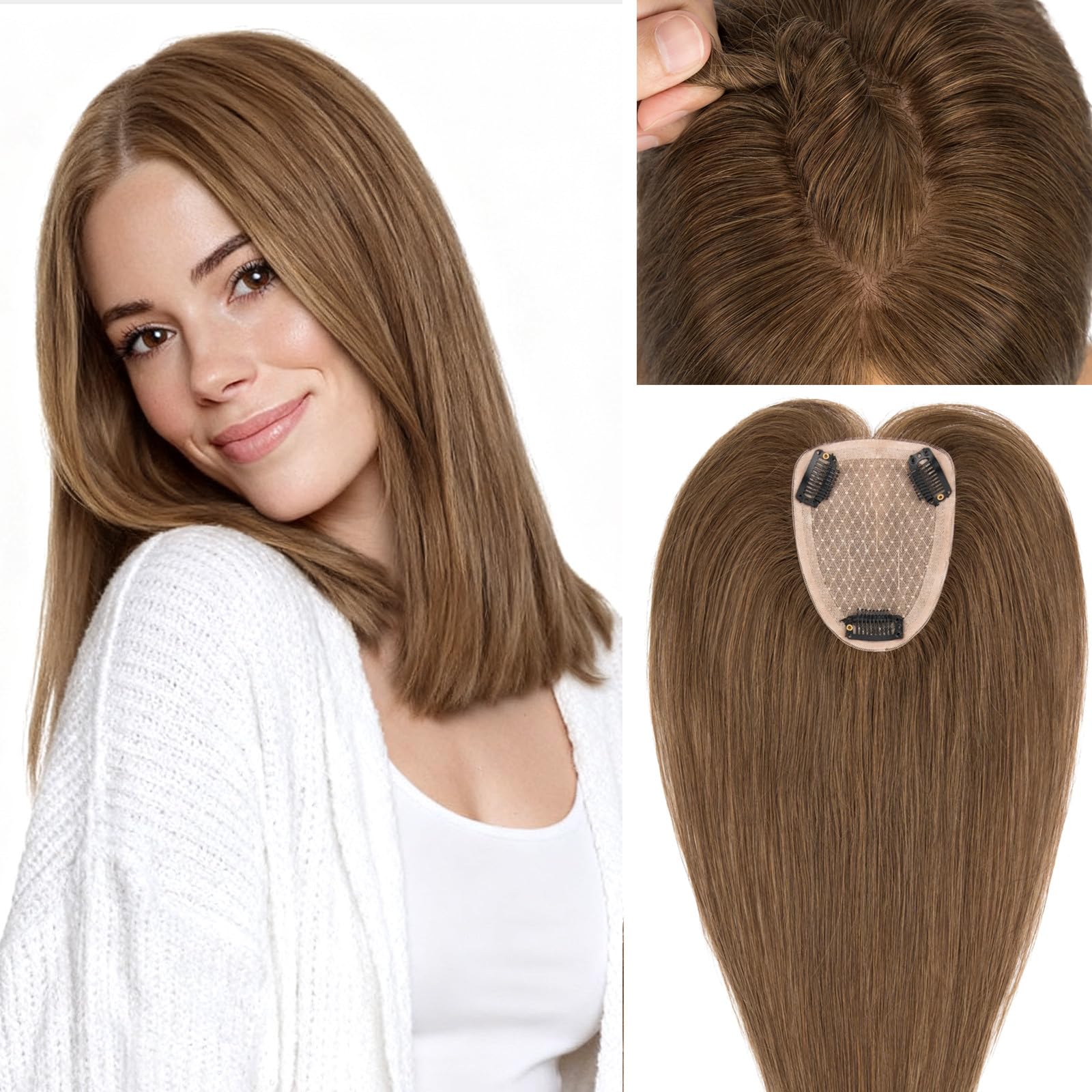 Photo 1 of Rich Choices Human Hair Toppers for Women-100% Real Remy Hair Topper No Bang-Upgraded 150% Density 9 * 12CM Lace Base-Clip in Hairs Topper for Thinning Hairs-10Inch #4 Medium Brown