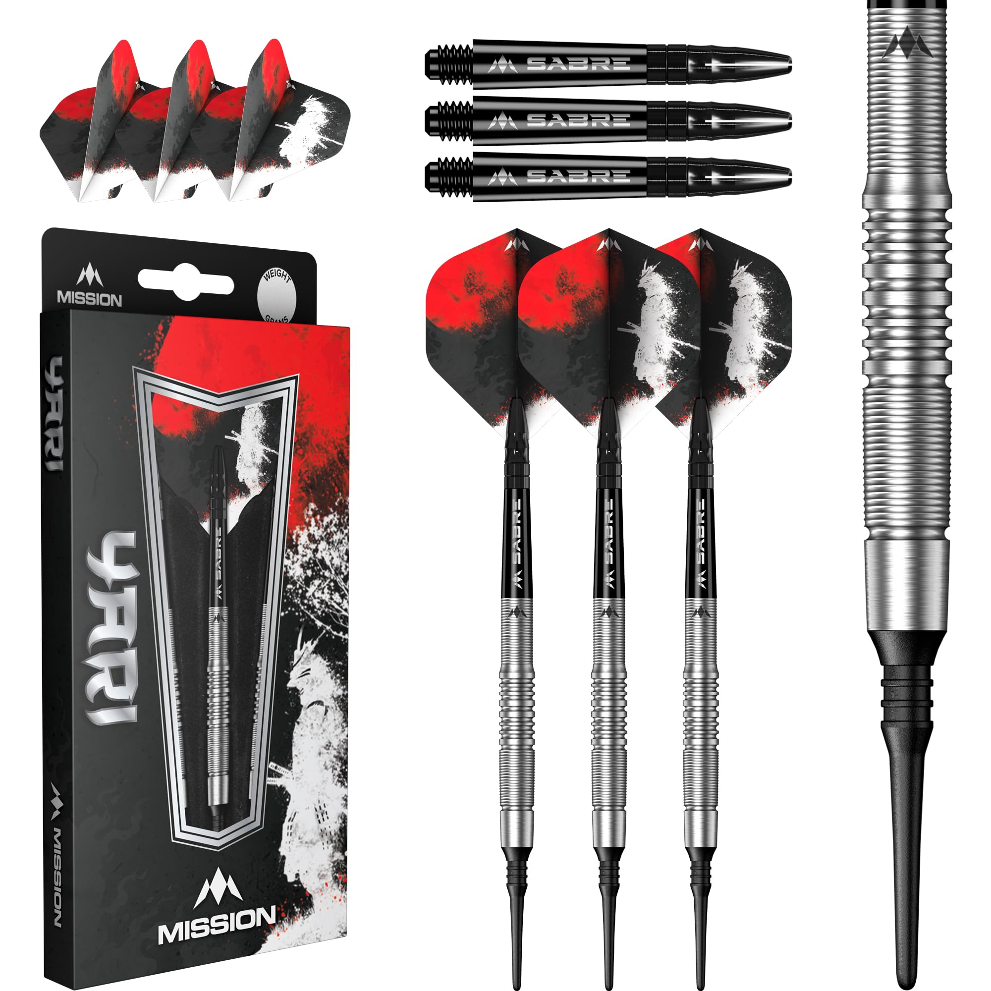 Mission Darts | Yari Darts | Soft Tip Darts Set | 90% Tungsten Barrel | Includes Dart Flights and Stems | 19g.