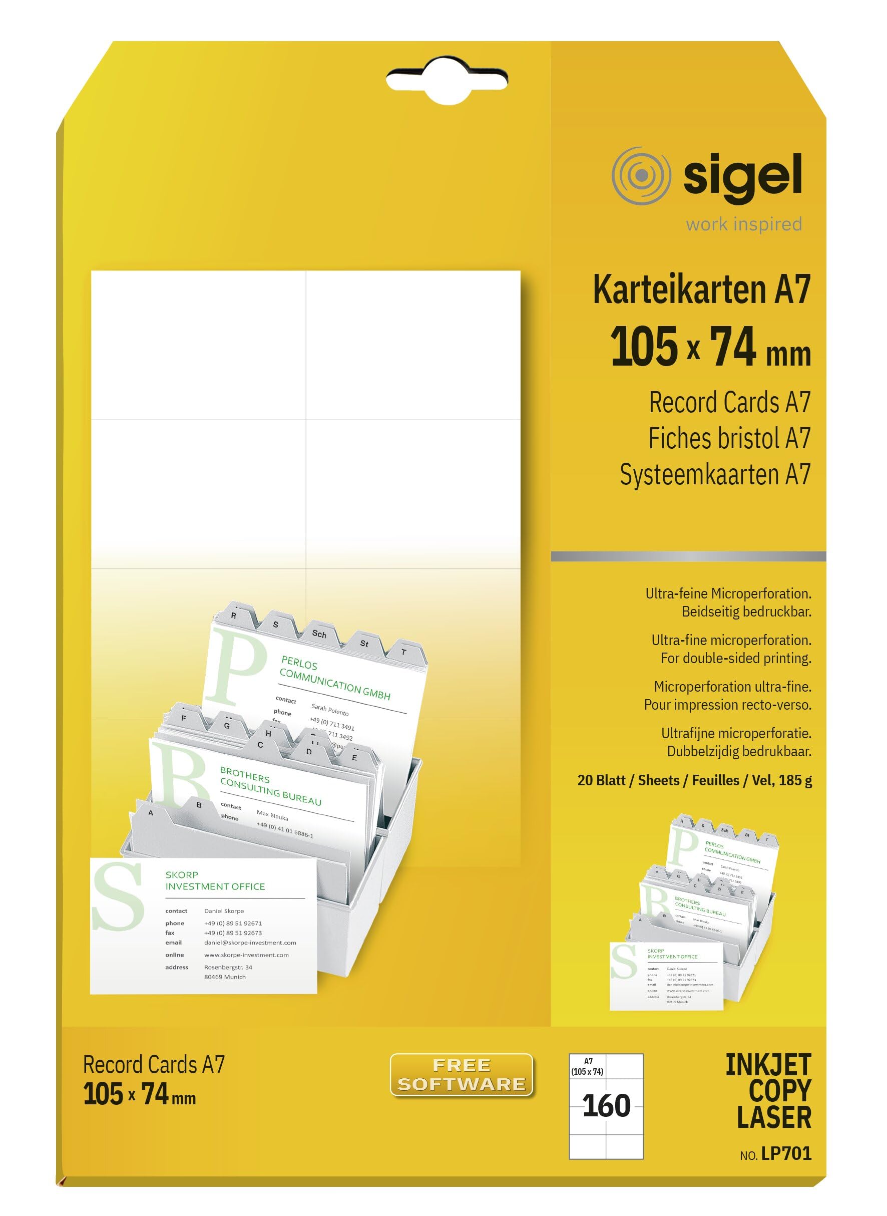 SIGEL LP701 Record Cards / Index Cards, A7, 185 gsm, 160 Pieces equal to 20 sheets, White