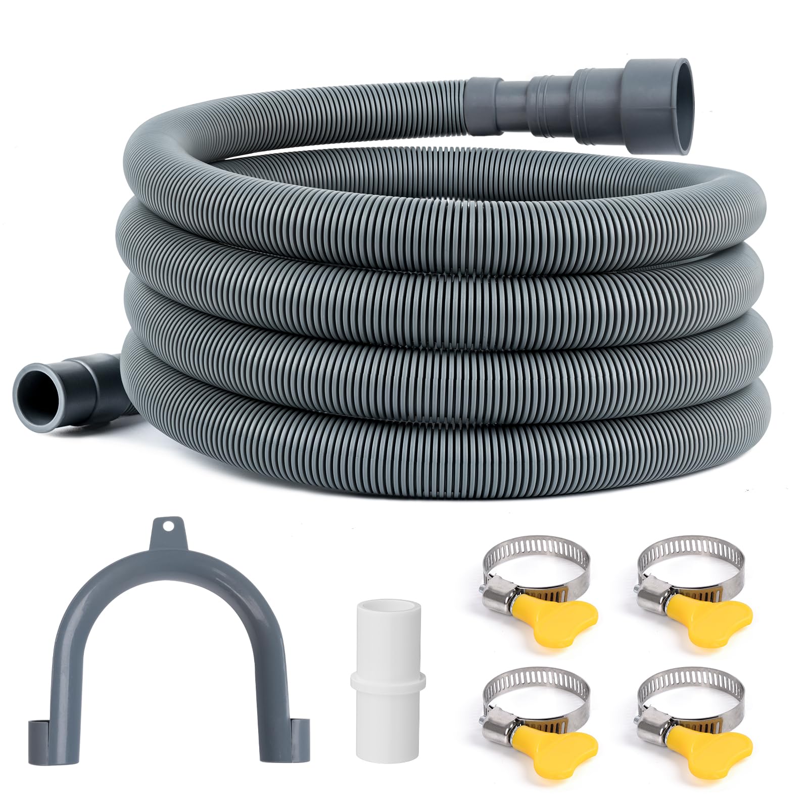 Photo 1 of JUWO 10 Ft Universal Washing Machine Drain Hose Extension - Grey Flexible Discharge Hose Extension Kit for Dishwasher, Washer,with 1 Adapter, 4 Clamps, 1 U-Bend Hose Holder