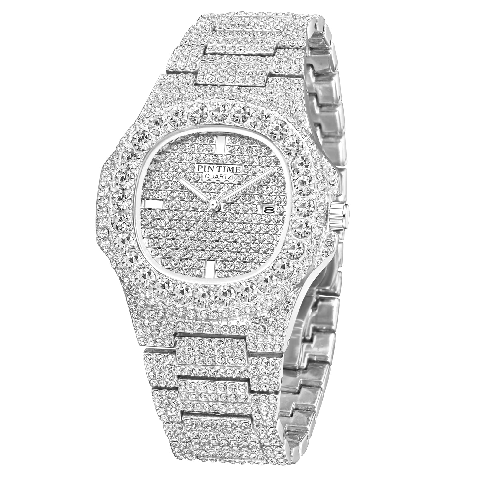 DROCUAMGOYA Men Women Iced Out Watch Stainless Steel Big Diamond Stone Bling Analog Quartz Wrist Watch for Men Full Paved (Silver)