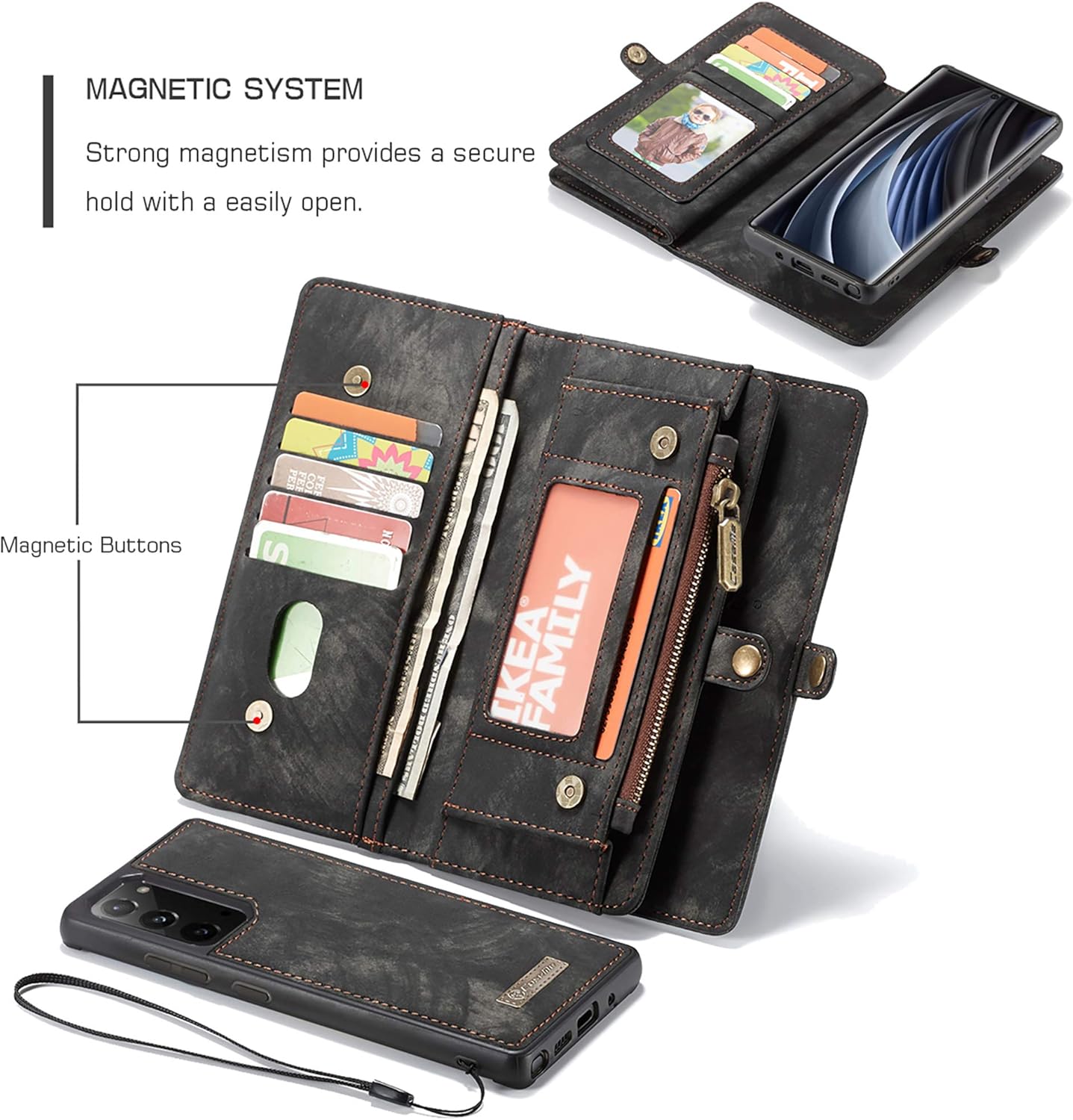 UFinetech 2-in-1 Stylish Samsung Galaxy Note 20 Case Wallet Magnetic Detachable Luxury Leather TPU Card Holder Flip with Lanyard Zipper Carrying Purse Cover for Samsung Galaxy Note 20 5G 2020 Black - Image 4