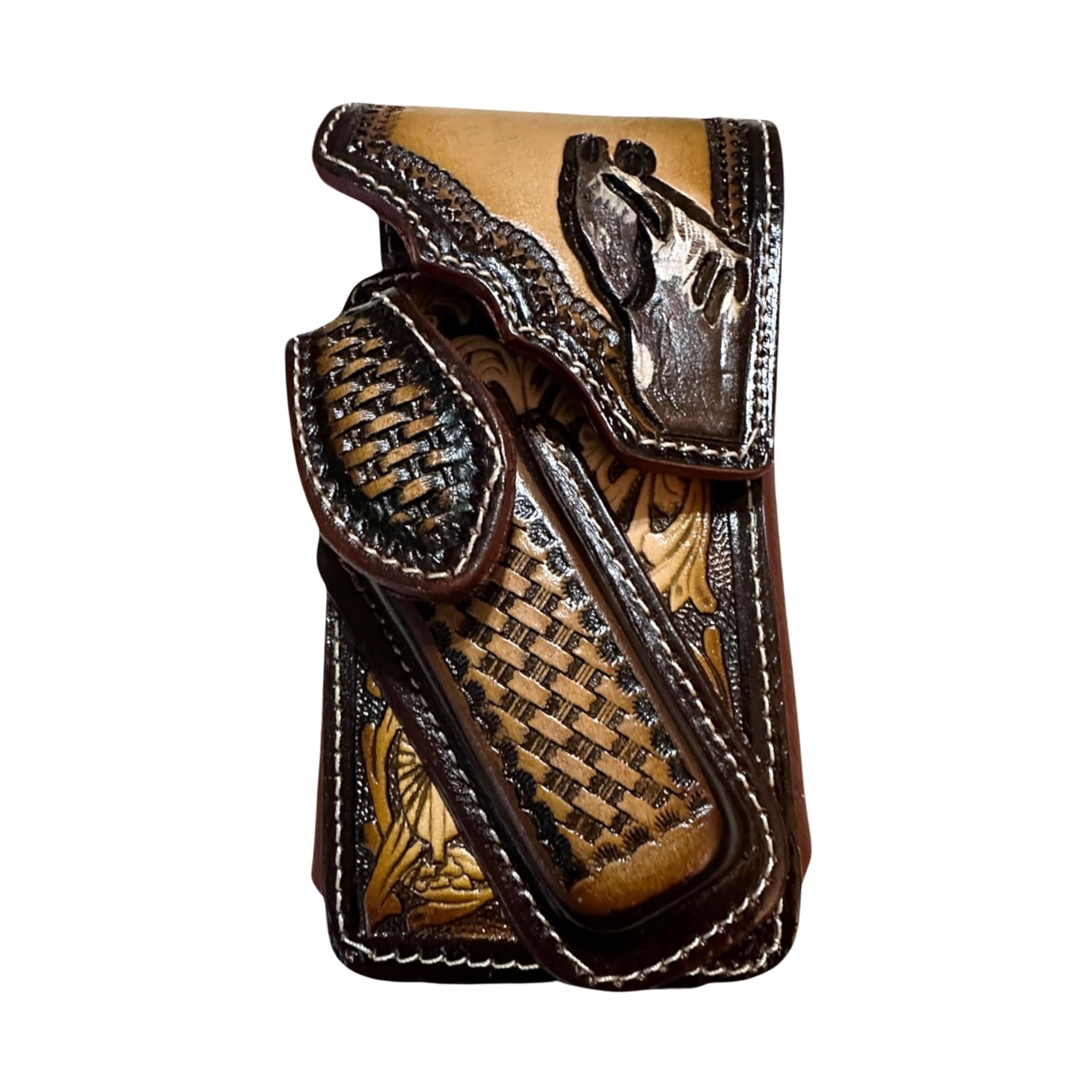 Photo 1 of Western Stakes Western Leather Phone Holster with Knife Holder – Hand Tooled Cowboy, Chalino, Rooster, El Mayo Design – Made in Mexico – Belt Clip Pouch
